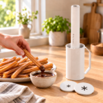 Churros fins trempés dans une sauce au chocolat