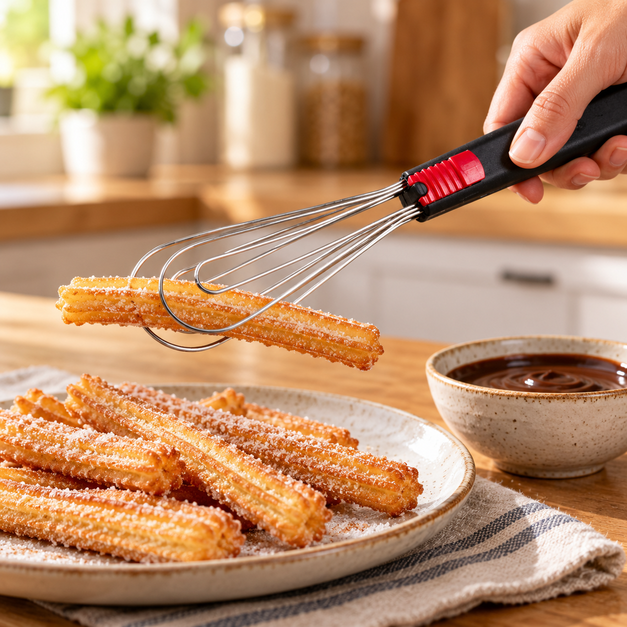 Pince Foodie offerte avec le Pasta et Churros Maker Börner, saisissant un churro